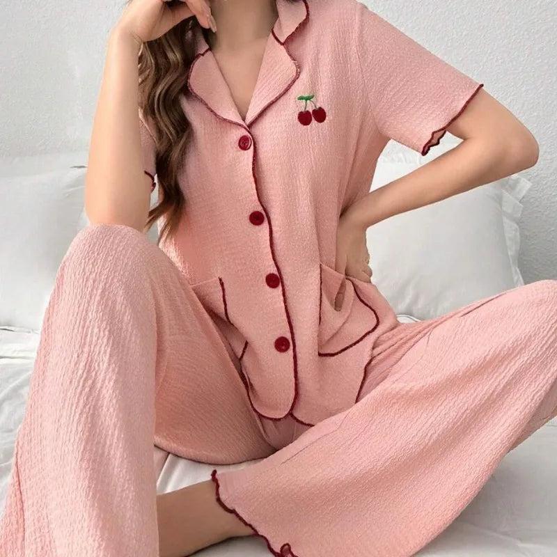 Women's Home Wear New Short-sleeved Trousers Cardigan Lapel Pajamas New Two-piece Home Wear Loungewear Women