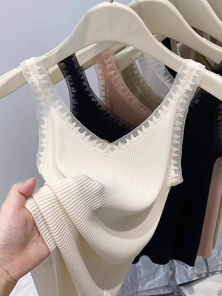 Women Summer Fashion Thin Knitted Undershirt Sleeveless Pullover Corset Top Half High Neck Comfortable Breathable Lace Tank Top