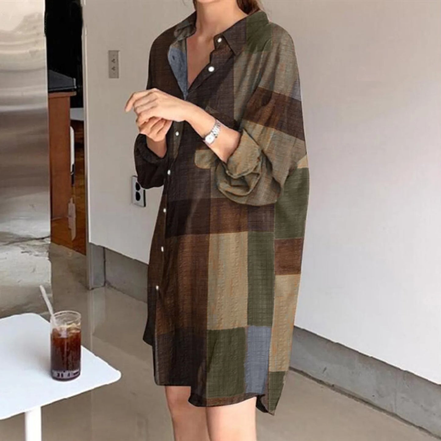 Women'S Fashion Casual Plaid Print Lapel Single-Breasted Panel Straight Long Sleeve Loose Shirt Dress Vestidos En Oferta Liquida