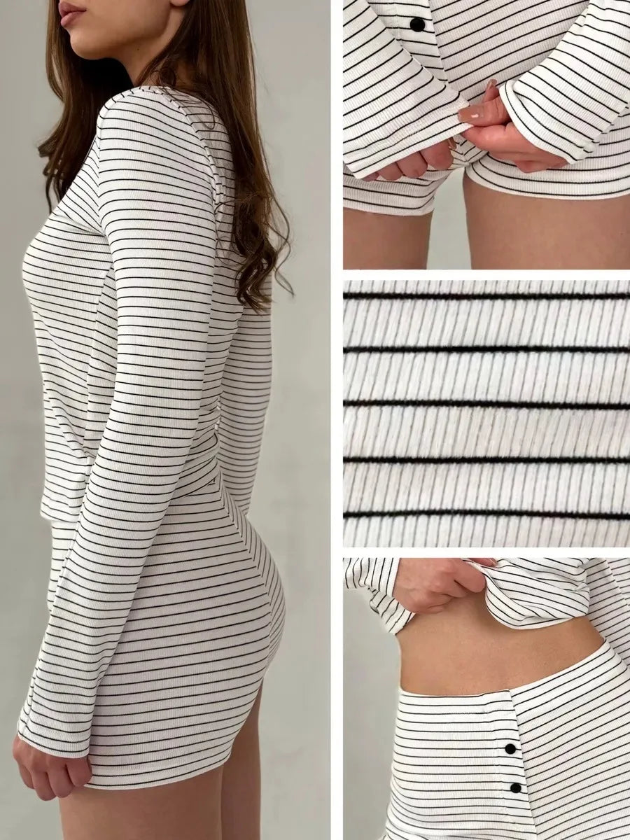 Women's Pajamas Fashion Simple Style Striped Lightweight Long Sleeve Shorts Two Piece Set Comfortable Knitted Homewear