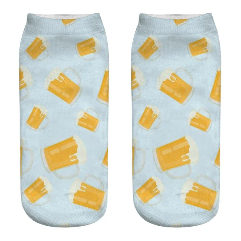 New Design Funny Fashion Harajuku Women Socks Novelty 3D Beer Pattern Socks Hiphop Solid Cotton Cool Ankle Short Socks