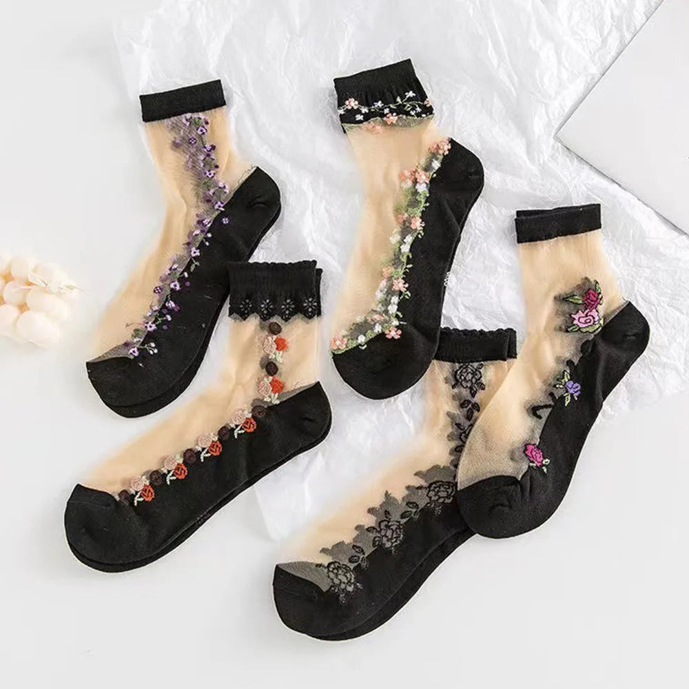 5 pairs of ice silk socks wholesale women's spring and summer mid tube socks breathable, anti slip, anti hook silk crystal thin