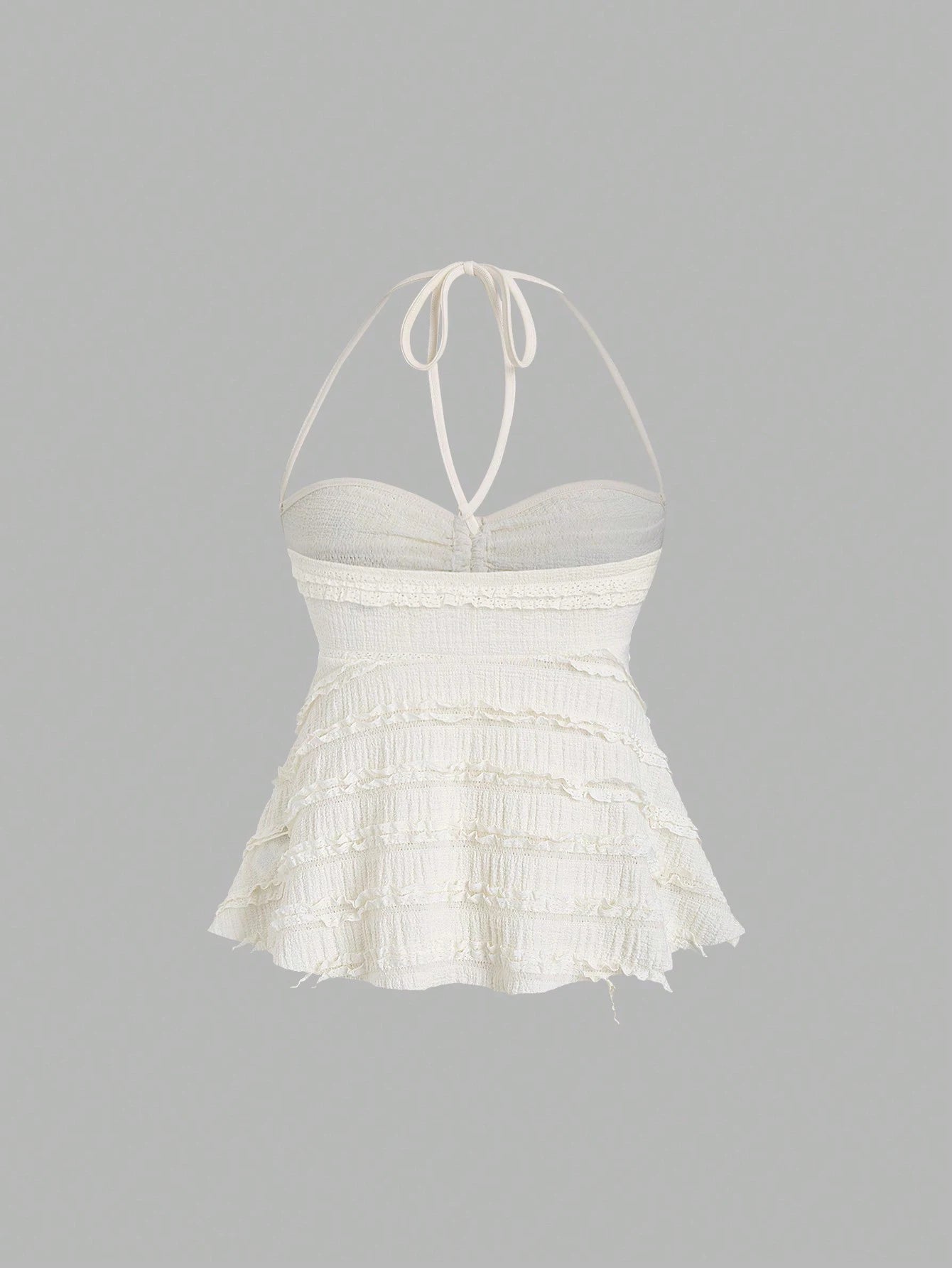 Women's Summer Fashion Casual Apricot Drawstring Neck Knitted Lace Textured Short Halter Neck Lace Up Vest Top