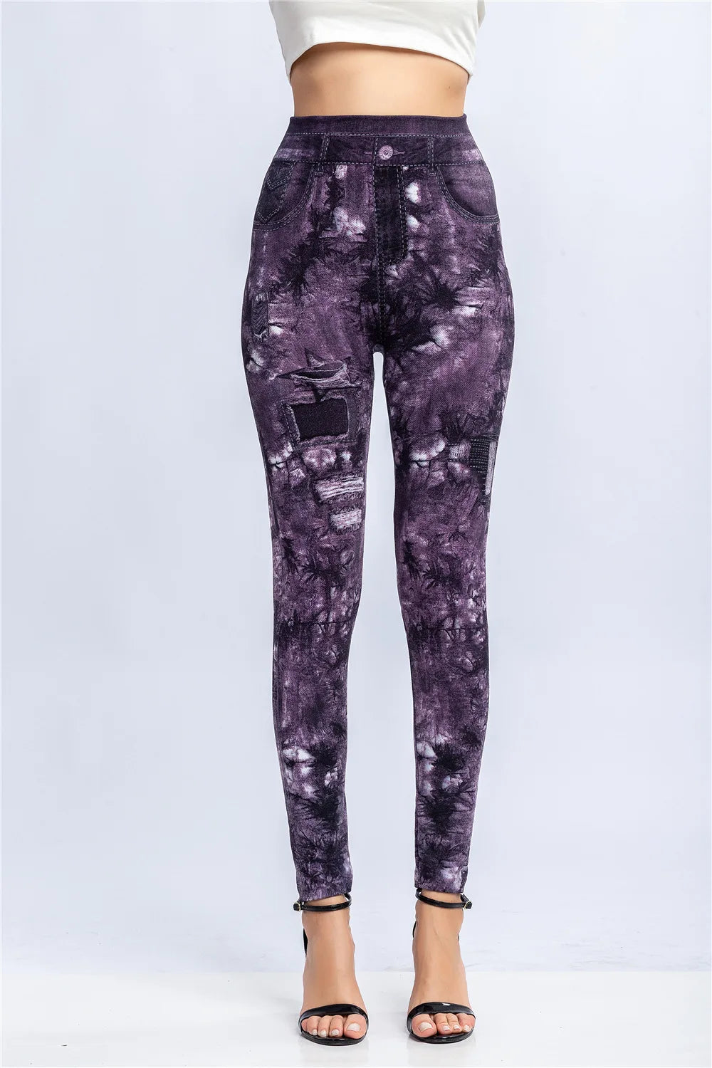 Women Print Imitation Denim Legggings Stretchy Slim Tights High Waist Hip Liftting Casul Pants Workout Running Gym Pants