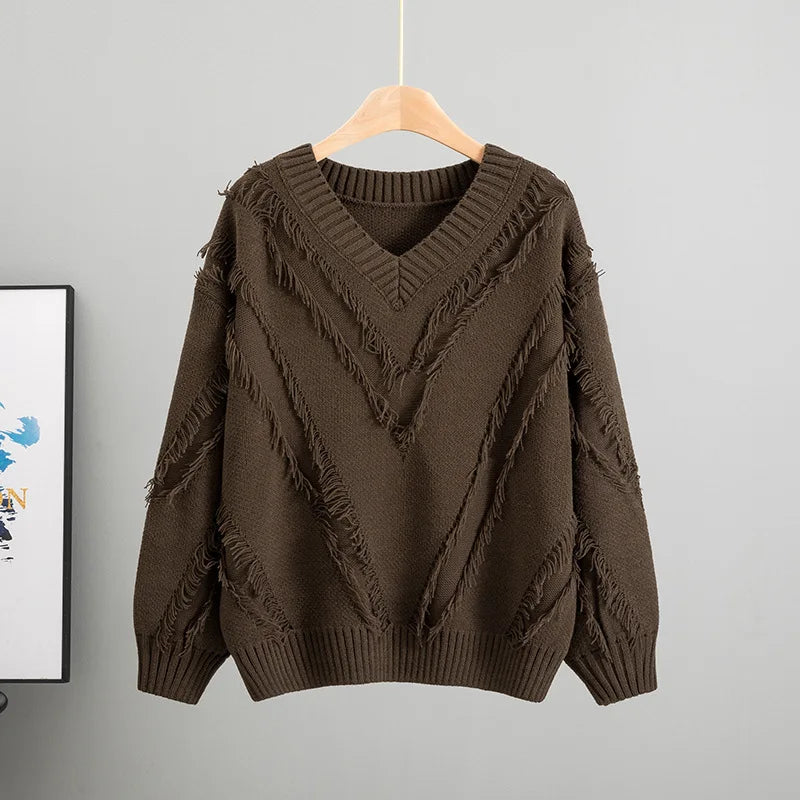 European and American New Women Clothing 2025 Autumn Lazy Wind Striped V-neck Sweater Loose Pullover Knitted Sweater Women