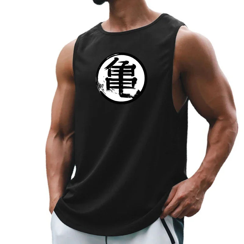 Japanese Anime Turtle Script Printed Summer Fitness Sports Tank Tops Men Gym Clothing Workout Sleeveles Shirt Loose Running Vest