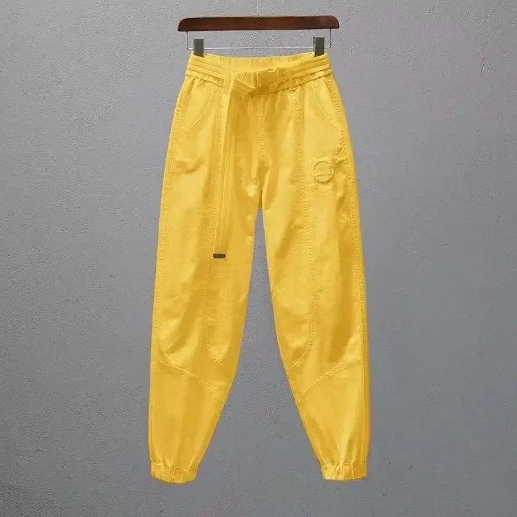 Women Harem Pants Cotton Sweat Pants Elastic Waist Office Lady Loose Casual Trousers with Belt Fashion Ankle Banded Red White