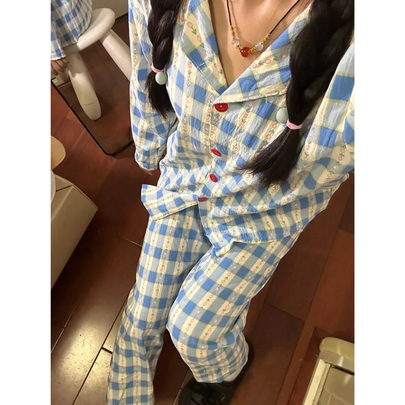 Autumn and Winter Women Nightwear Plaid Rose Striped Long Sleeve Trousers Pajamas Loungewear Plus Size Two-Piece Set Sleepwear