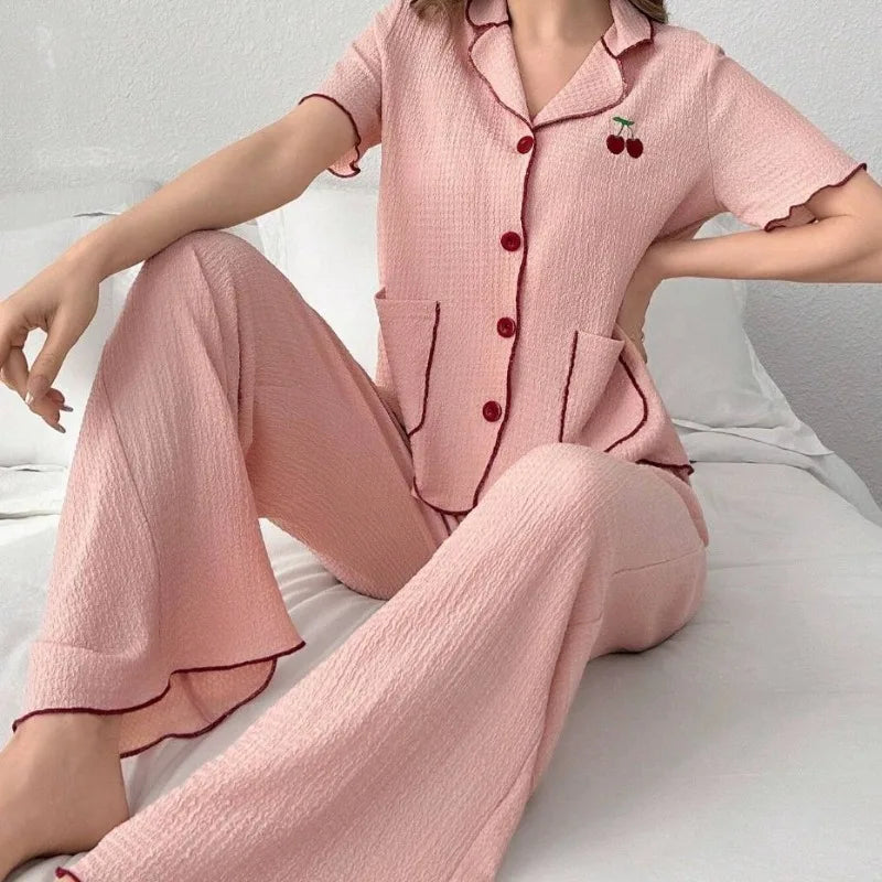 Women's Home Wear New Short-sleeved Trousers Cardigan Lapel Pajamas New Two-piece Home Wear Loungewear Women