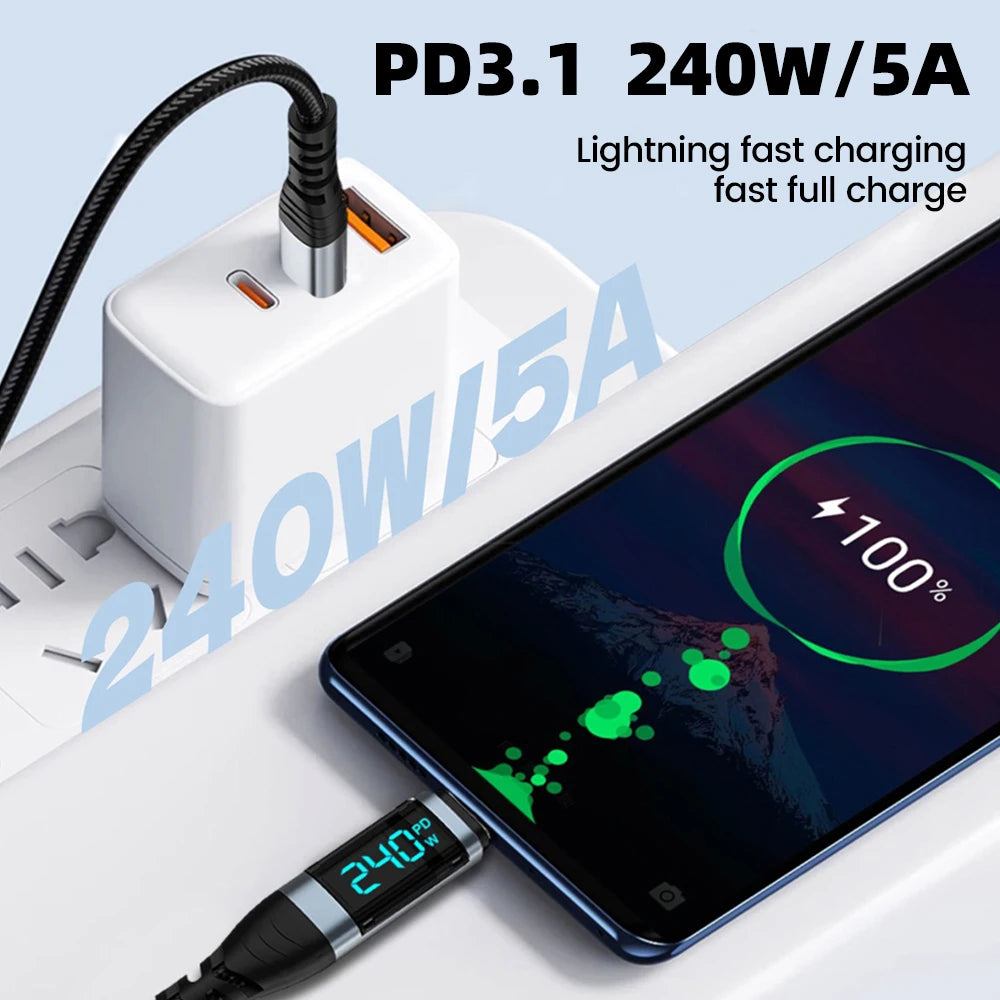 240W Type C to Type C Super Charge Digital Display Cable 0.5m-2m USB C Data Cable For Iphone 15 16 Samsung s24 s23 Huawei Xiaomi