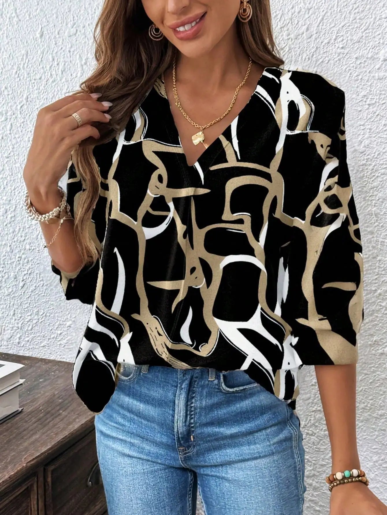 Women's Shirts Fashion Elegant Print V Neck Blouses 25 Spring Summer Metallic Accent Office Casual with Weekend Brunch Outfit