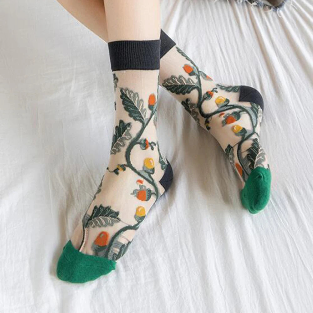 5 Pairs/Set France Hipster Design Glass Silk Floral Bird Funny Socks Women Transparent Art Ankle Socks Jacquard