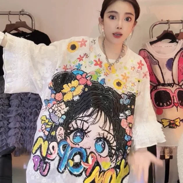Women's Clothing 2025 Summer New Heavy Industry Lace Cartoon Little Girl Short-sleeved T-shirt Loose Versatile Trendy Girl Tee