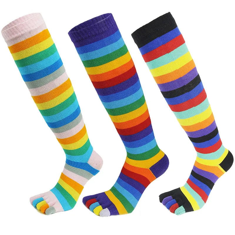 Women Girls Split Toe Calf Socks Rainbow Stockings Colorful Striped Clover Printed Happy Sock Cotton Long 5 Finger Sock Fashions