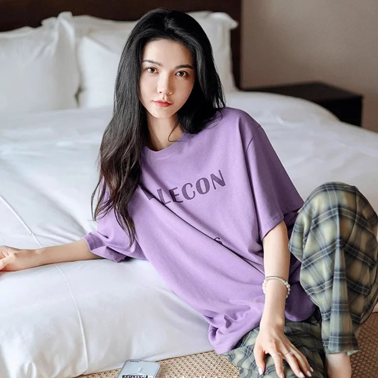 Women's Fall and Winter Pajamas Short-Sleeved Pants Suit Sleepwear Homewear Letters Strawberry Plaid Pants Nightwear Loungewear