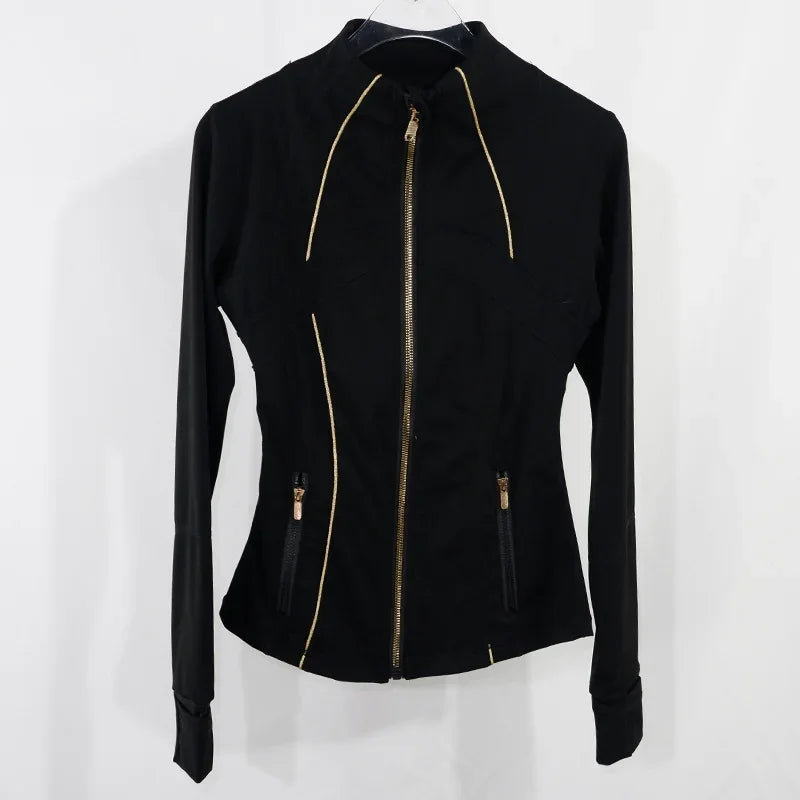 Women's Yoga Jacket with Golden Zipper | Slim Fit Stand Collar Cardigan | Anti-Slip Hem & Thumb Holes | Quick-Dry High Ela