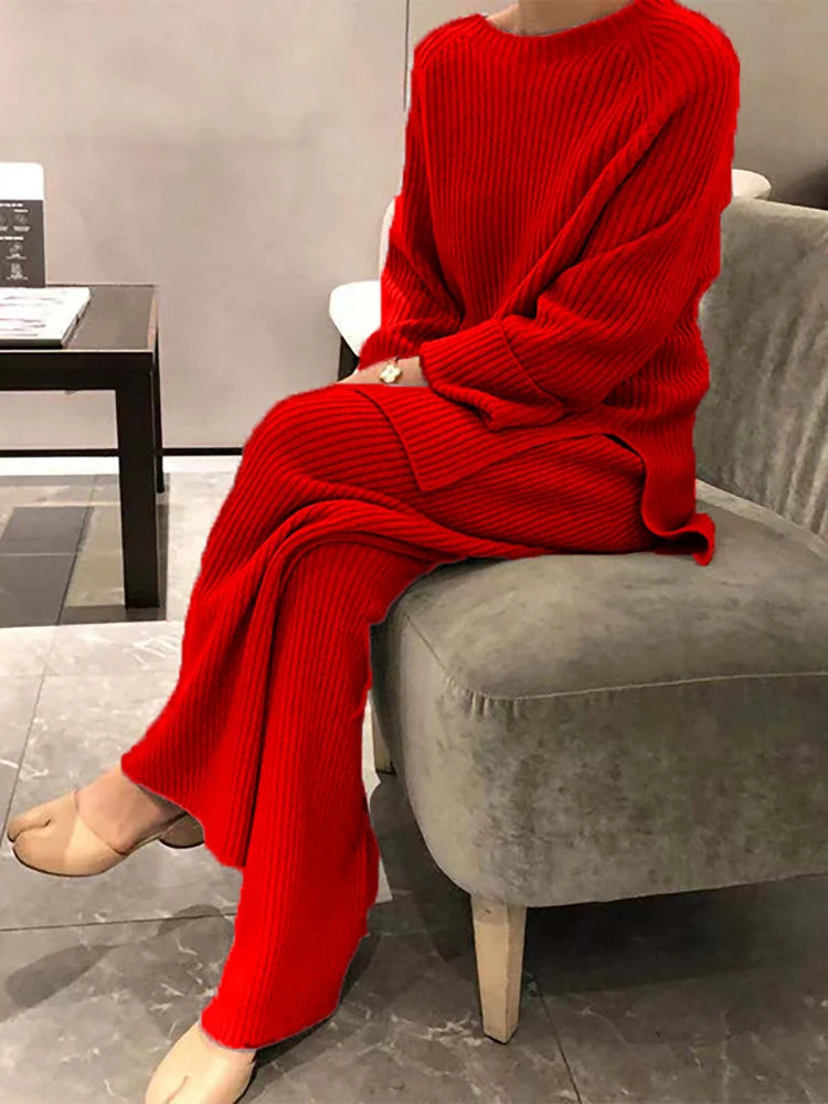 Women Elegant Sweater Suit Elegant Knitted Two Pieces Set Autumn Winter Oversized Pullover and Trousers Suit Female Outfits 2022