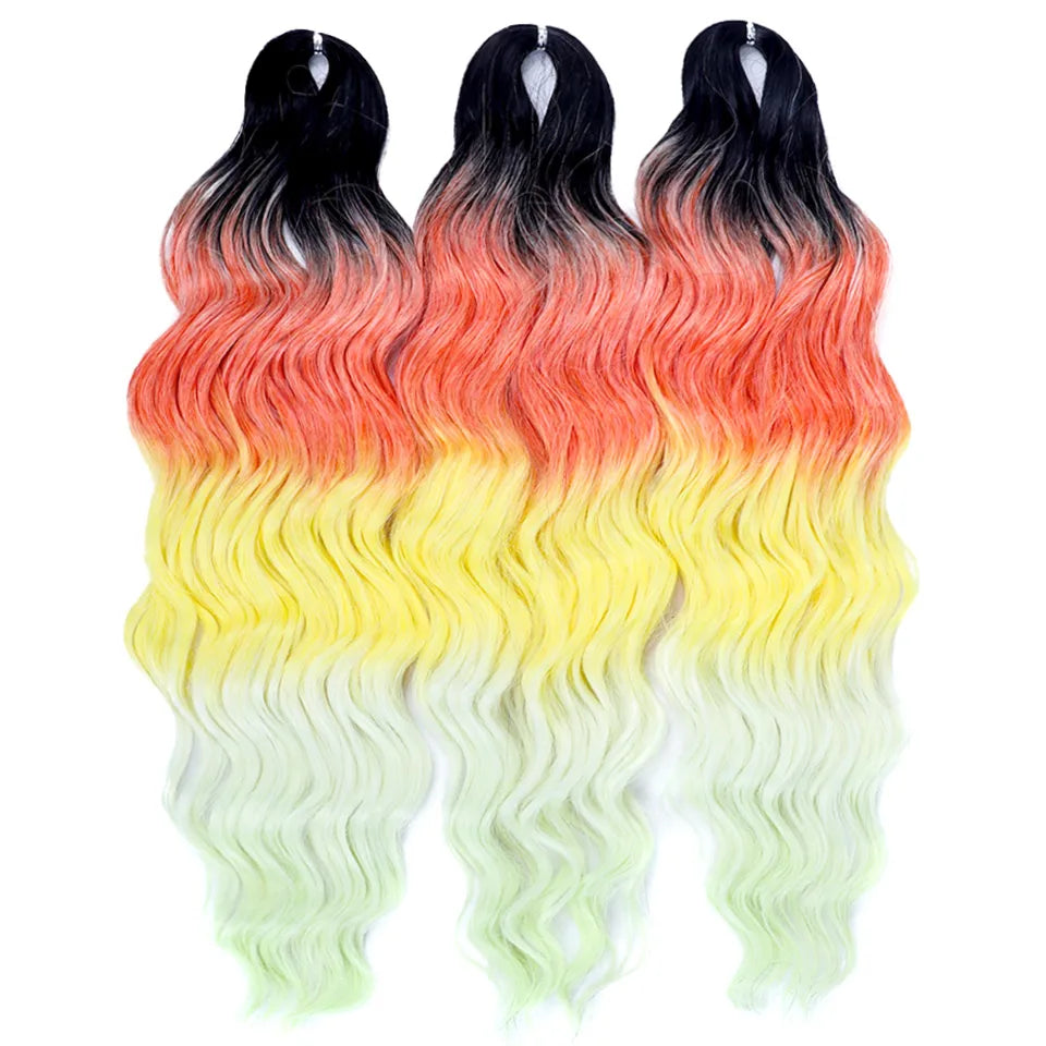FASHION IDOL 24" 3pcs Deep Wave Curl Hair Synthetic Water Wave Braiding Hair Extensions Ombre Rainbow color Twist Crochet Hair