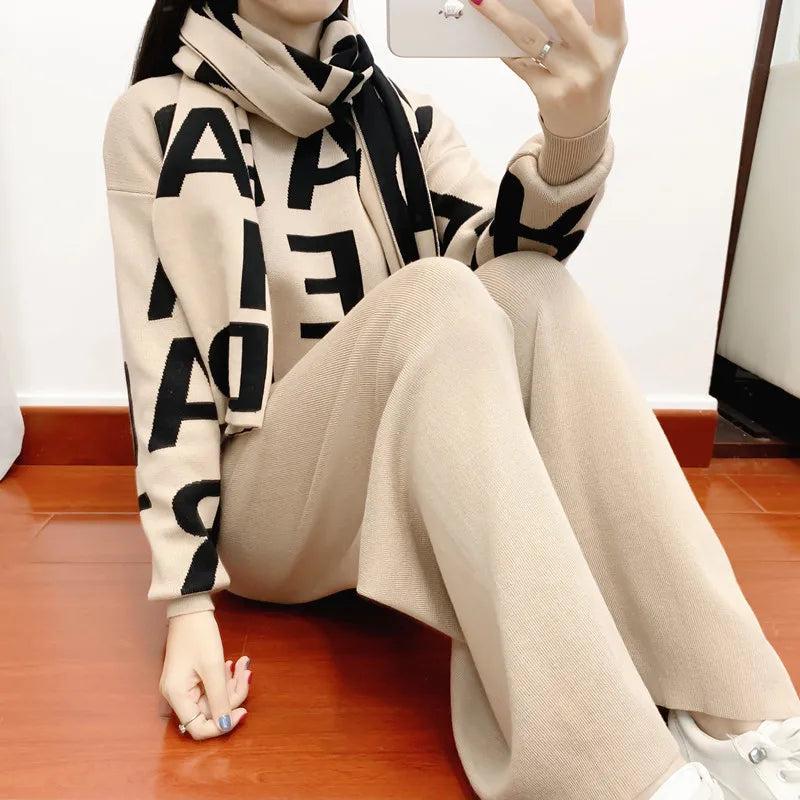 women's Clothing Autumn Winter Women Knited Letter Sweater + Pants + Cape Scarf 3PCS Suits Cappa Wraps Wide Leg Trousers Sets