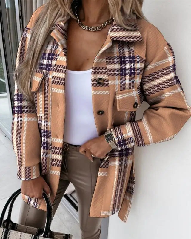 Women's Fashion Autumn and Winter Blouses Jackets Strap Plaid Printed Woolen Jacket for Women Casual Pockets Coats Clothing