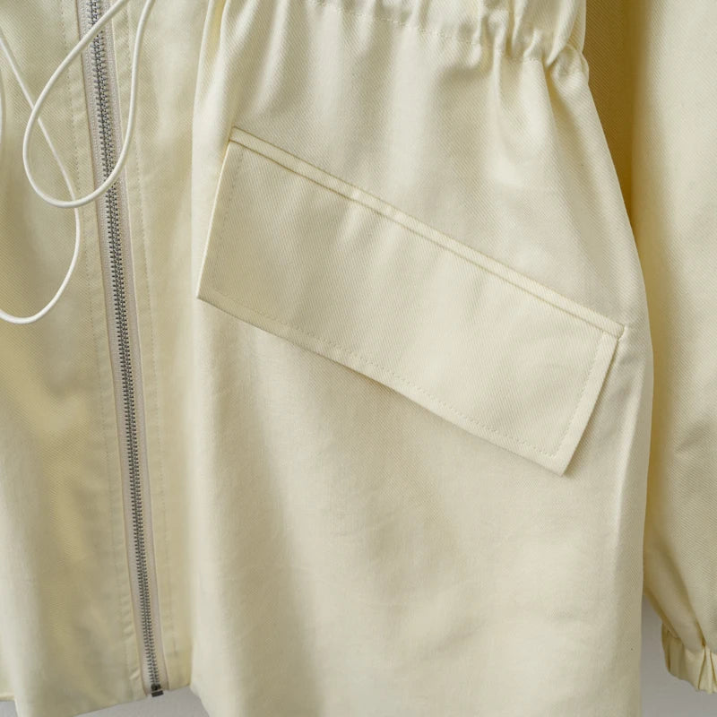 2025 Women Spring / Autumn Light Yellow Adjustable waist Zip Jacket