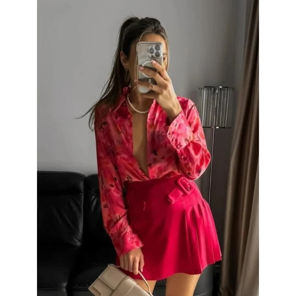 Women Elegant Print Decoration Long Sleeves Casual Satin Blouse Top Woman Chic Single-Breasted Lapel Loose Shirt Top