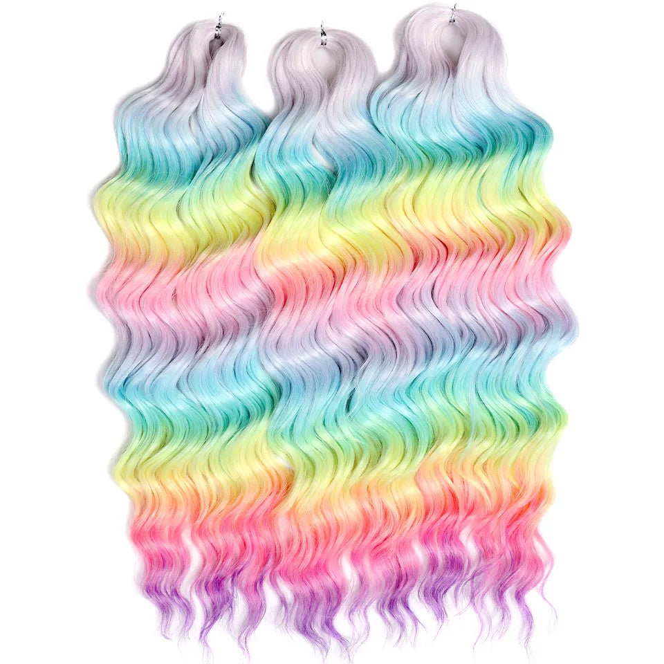 FASHION IDOL 24" 3pcs Deep Wave Curl Hair Synthetic Water Wave Braiding Hair Extensions Ombre Rainbow color Twist Crochet Hair