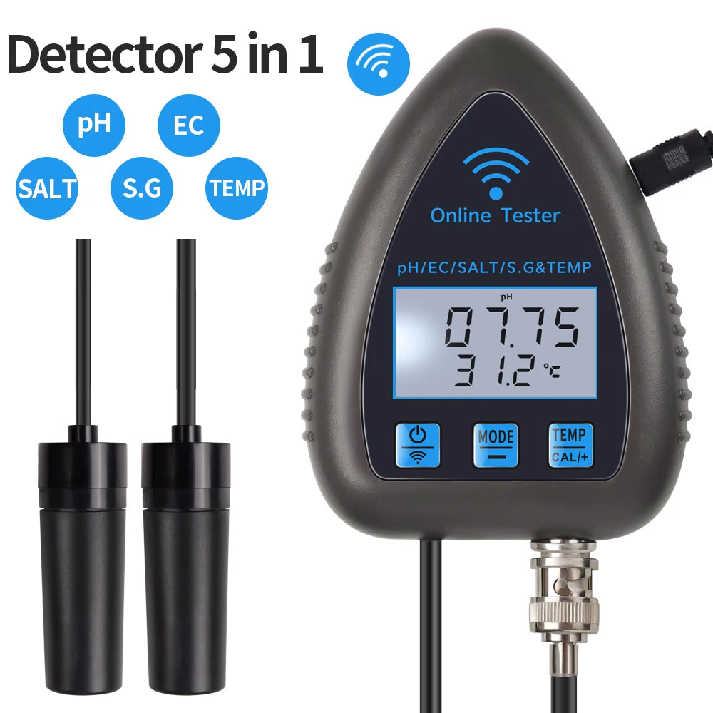 Tuya WiFi 5 in 1 Water Quality Meter Online Tester TDS/EC/SALT PH S.G.TEMP Detector Multifunction Water Analyzer for Aquariums