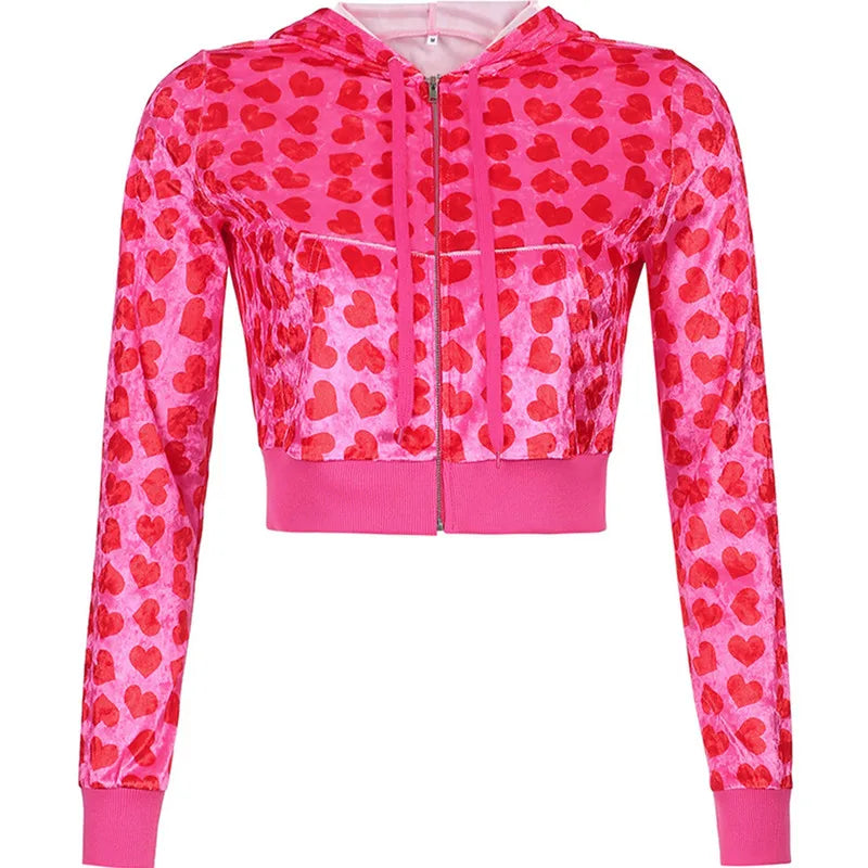 Women's Pants Suits Female Short Coat Heart Print Long Sleeve Tops with Zipper and Pockets Women's Clothes for Spring Fall 2024