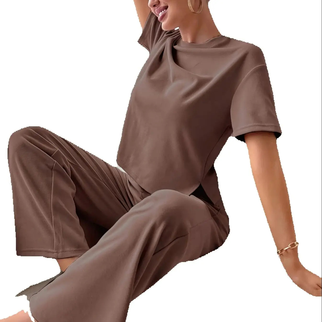 Women's Casual Loose Loungewear Set - Split Hem Top & Drawstring Waist Pants
