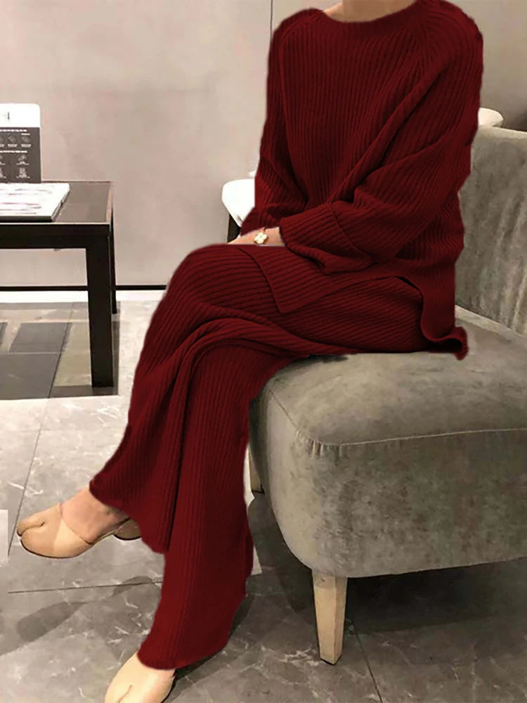 Women Elegant Sweater Suit Elegant Knitted Two Pieces Set Autumn Winter Oversized Pullover and Trousers Suit Female Outfits 2022