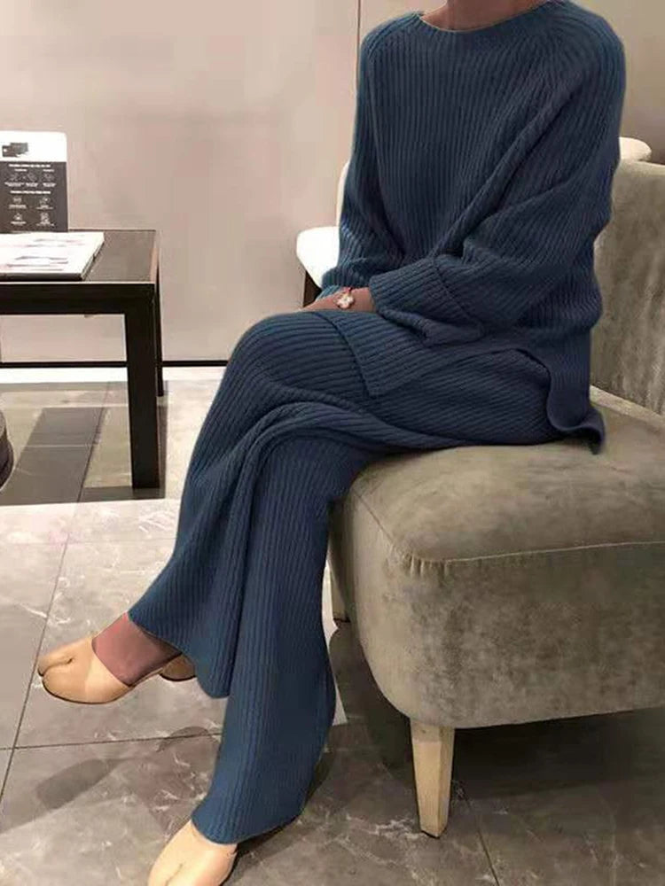 Women Elegant Sweater Suit Elegant Knitted Two Pieces Set Autumn Winter Oversized Pullover and Trousers Suit Female Outfits 2022