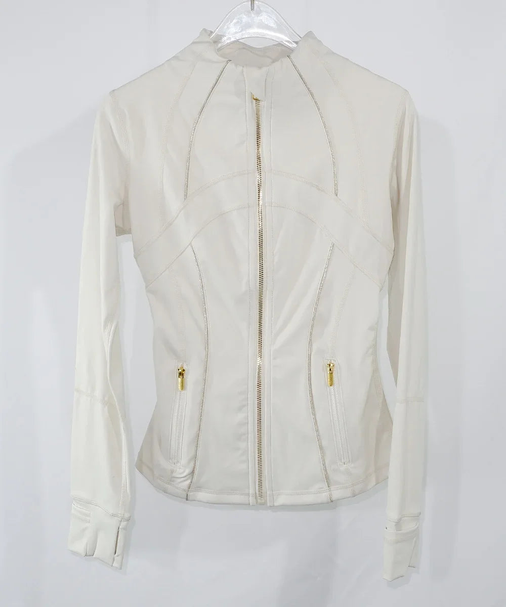 Women's Yoga Jacket with Golden Zipper | Slim Fit Stand Collar Cardigan | Anti-Slip Hem & Thumb Holes | Quick-Dry High Ela