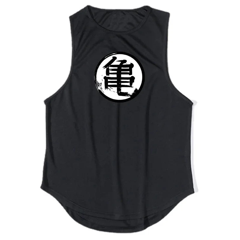 Japanese Anime Turtle Script Printed Summer Fitness Sports Tank Tops Men Gym Clothing Workout Sleeveles Shirt Loose Running Vest