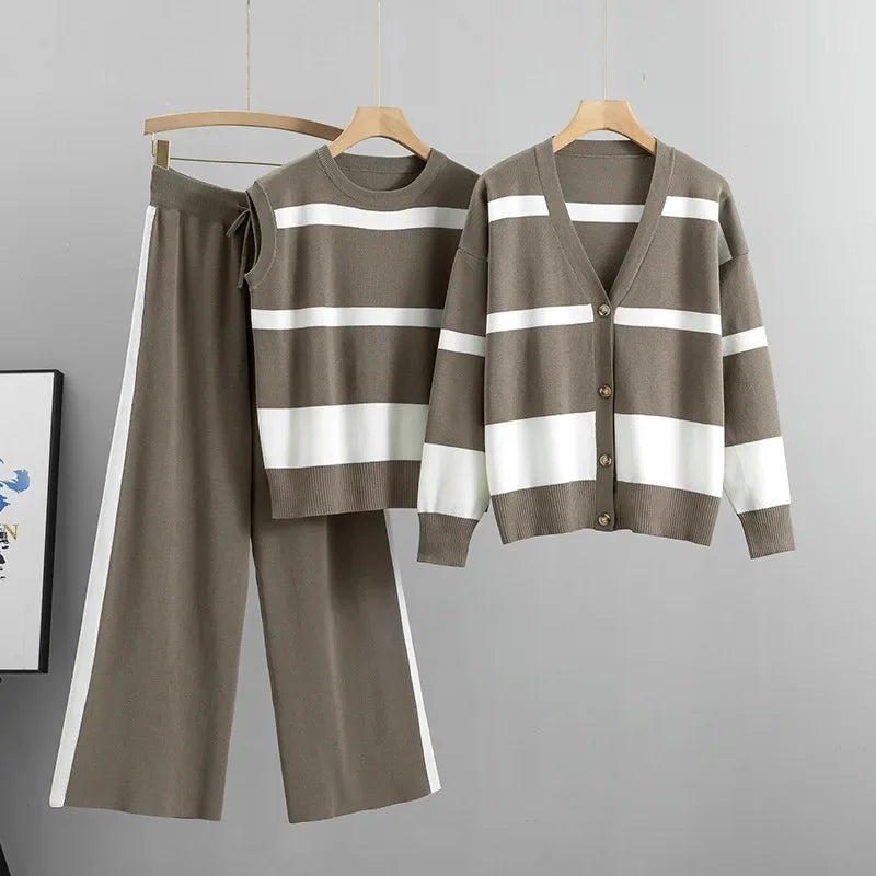 Women's Autumn Winter Fashion Loose Knitted Striped Suits Sleevesless Vest V Neck Cardigan Sweater Wide Leg Pants 3 Piece Set