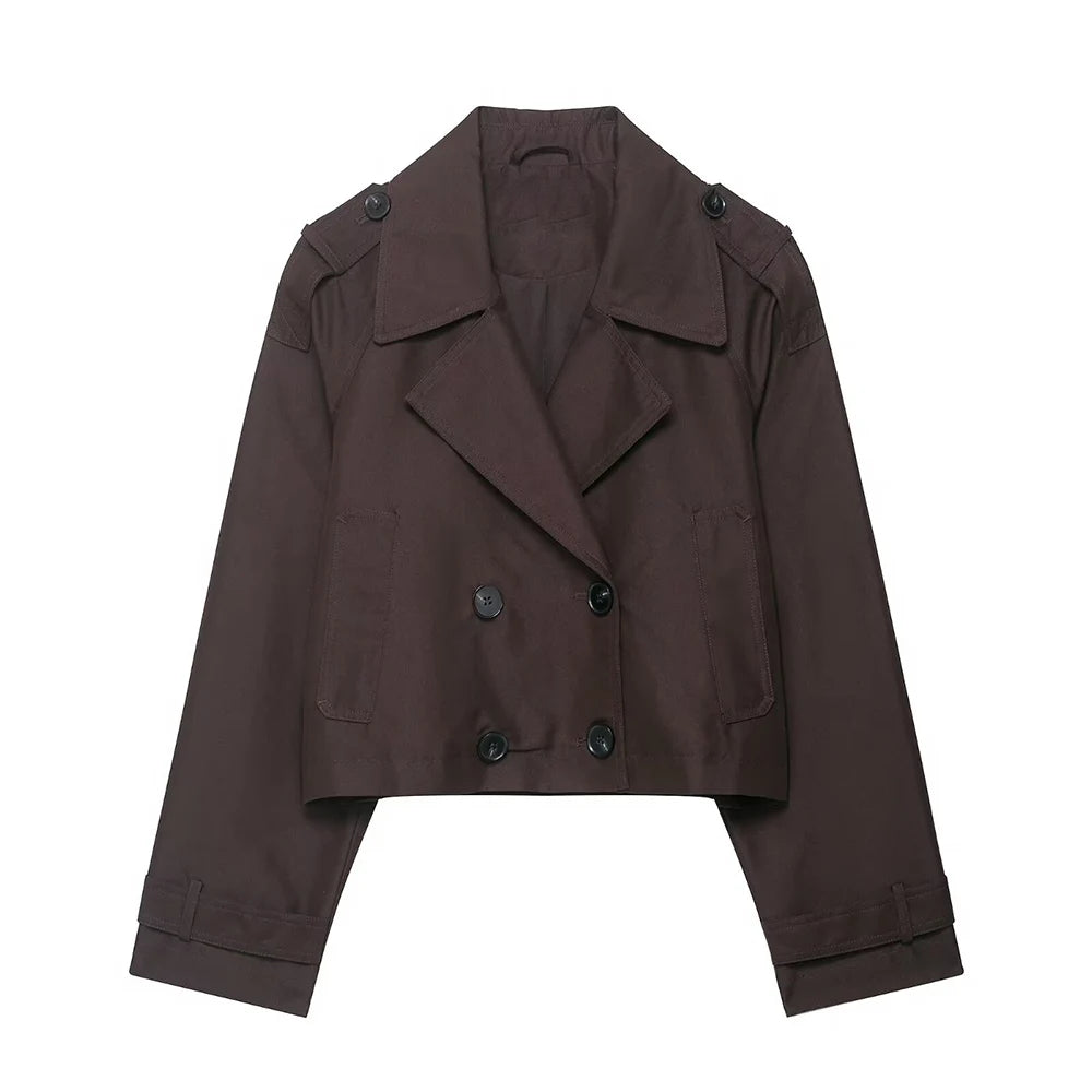 Women's autumn new fashion casual short double breasted windbreaker Coat retro lapel long sleeved women's Coat chic top