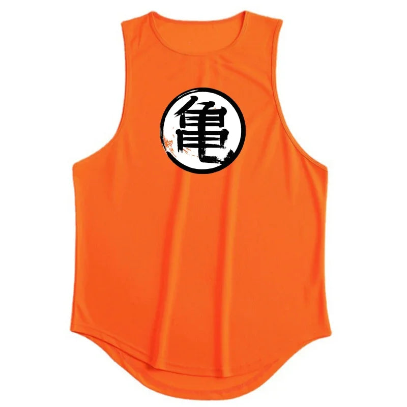 Japanese Anime Turtle Script Printed Summer Fitness Sports Tank Tops Men Gym Clothing Workout Sleeveles Shirt Loose Running Vest