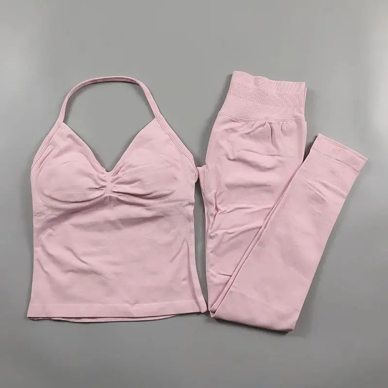 Omen's Lace-up Top and Leggings Set with Padded High Waist Folding and Seamless Design for Yoga Fitness and Gym Workouts