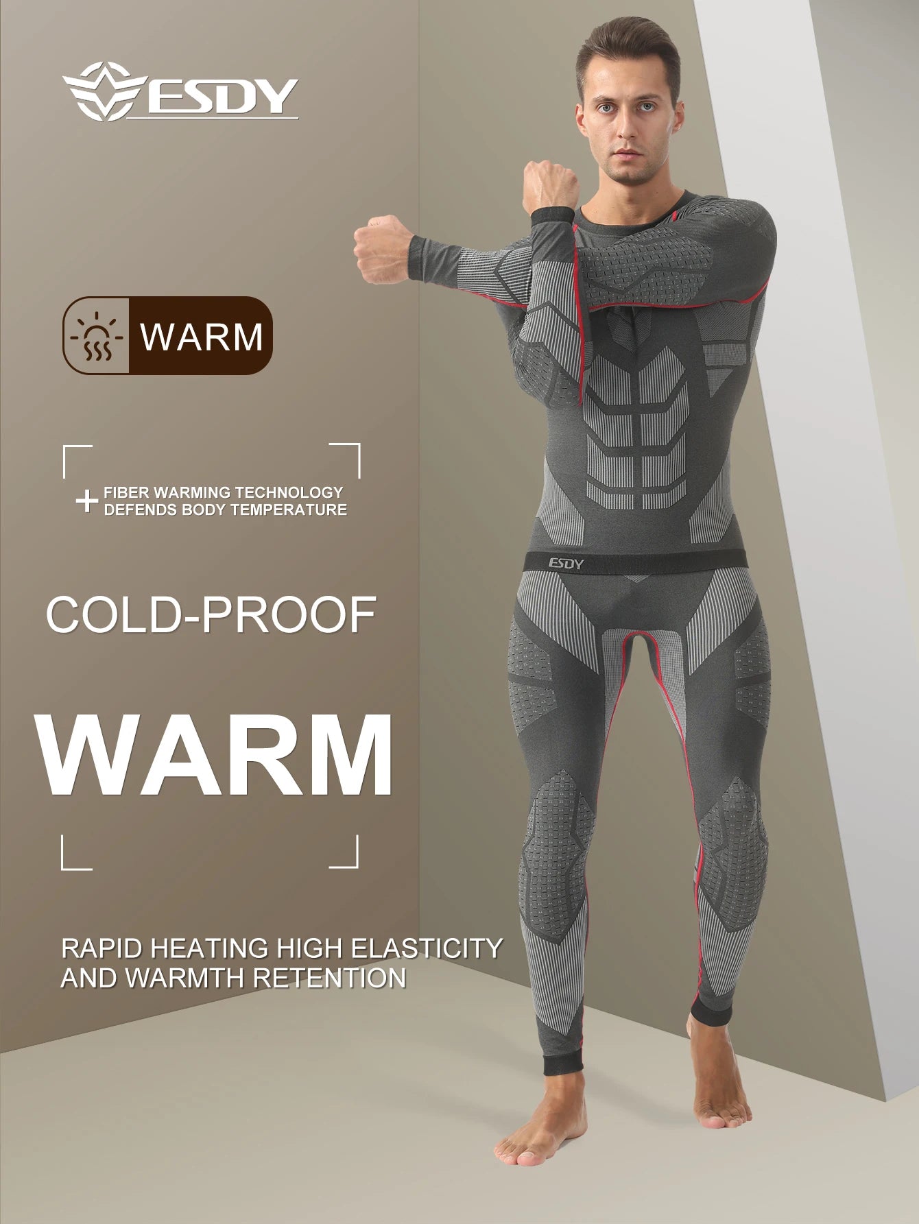 Esdy 1 Set of Men's Sports Compression Thermal Suit Winter Thermal Compression Long-Sleeved Pants Breathable High-Elastic Cold-Proof Sports Suit Winter Outdoor Sports Climbing and Fishing