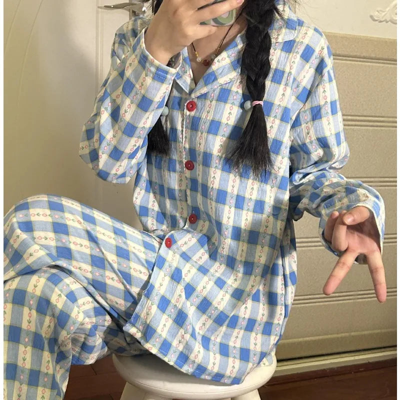 Autumn and Winter Women Nightwear Plaid Rose Striped Long Sleeve Trousers Pajamas Loungewear Plus Size Two-Piece Set Sleepwear