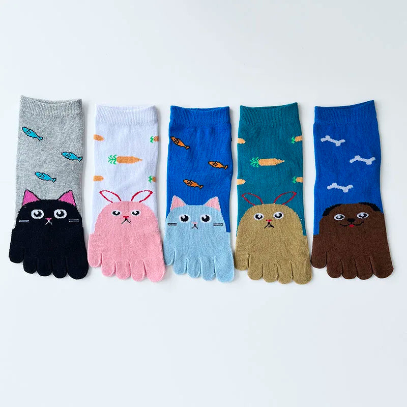 5 Pairs Woman Girl Toes Socks Ankle Cotton Bright Color Fashions Striped Love Cute Sweat-Absorbing Low Cut Five Finger Socks