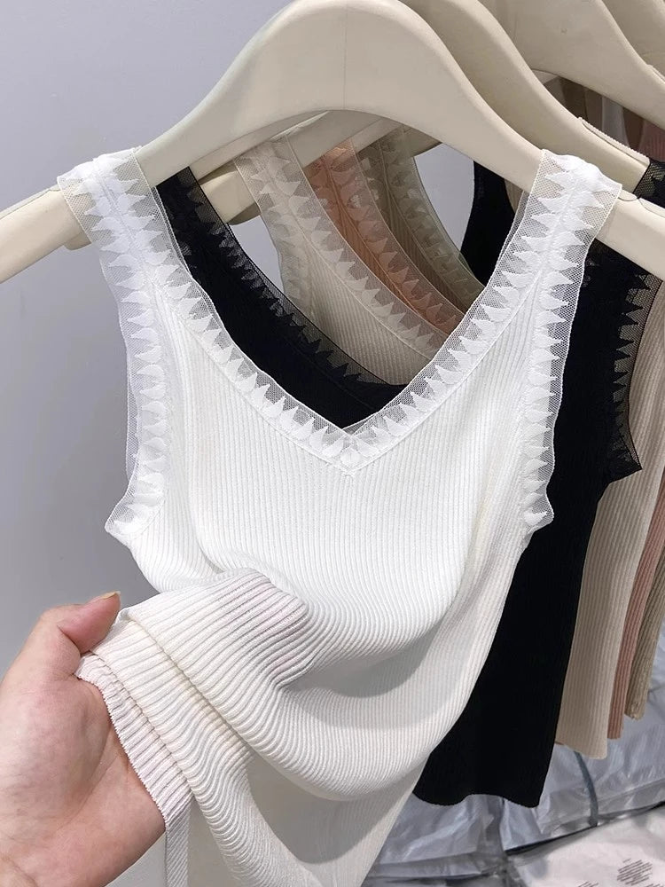 Women Summer Fashion Thin Knitted Undershirt Sleeveless Pullover Corset Top Half High Neck Comfortable Breathable Lace Tank Top
