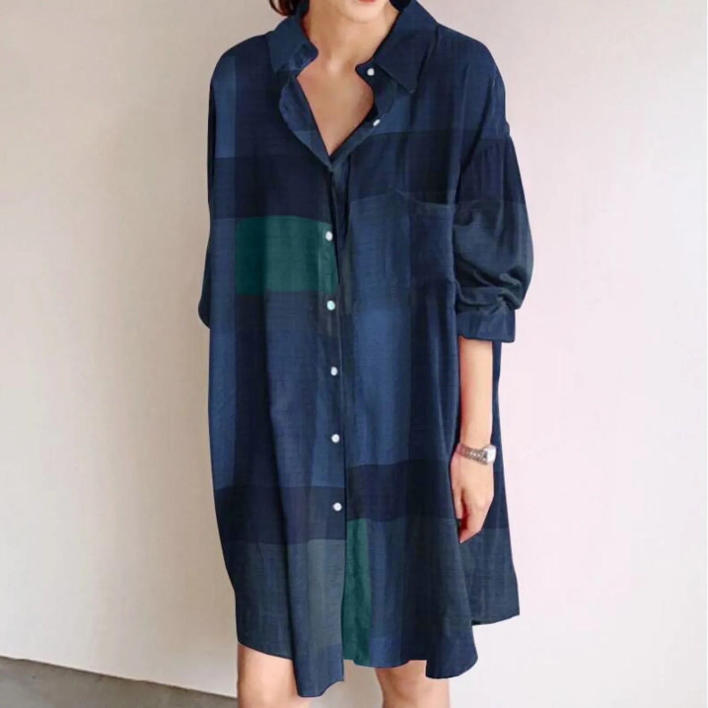 Women'S Fashion Casual Plaid Print Lapel Single-Breasted Panel Straight Long Sleeve Loose Shirt Dress Vestidos En Oferta Liquida