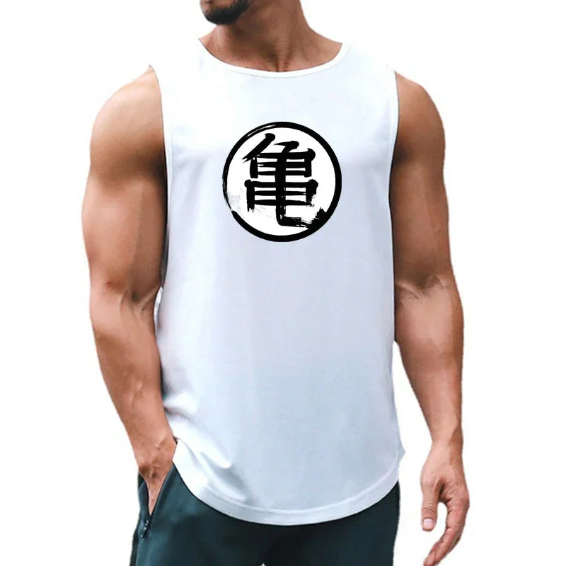 Japanese Anime Turtle Script Printed Summer Fitness Sports Tank Tops Men Gym Clothing Workout Sleeveles Shirt Loose Running Vest