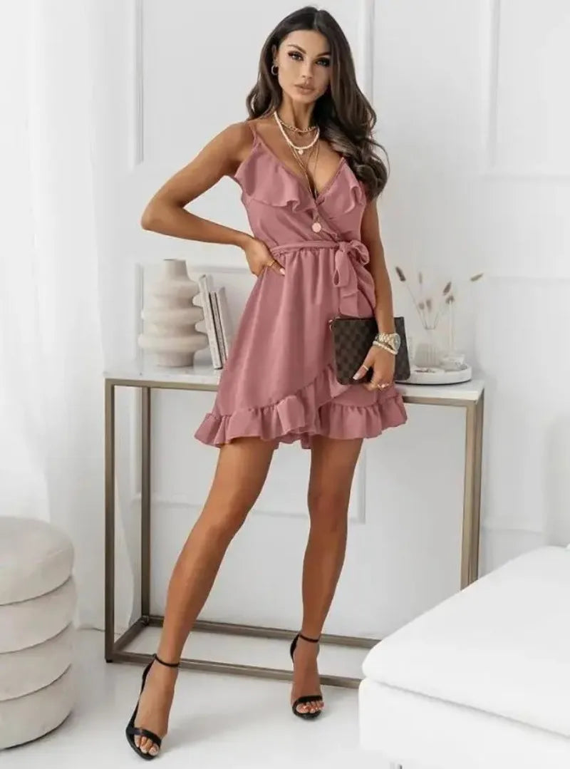 Women's Clothing Spring and Summer European and American New Fashion Street Solid Color Sexy Fashion Strap Dress