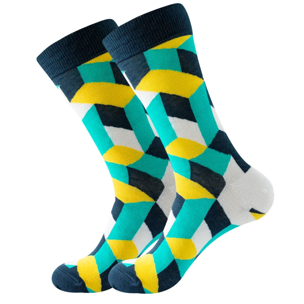 Men's Happy socks Colorful striped women's socks High quality checkered diamond geometry Harajuku combed cotton socks gift socks
