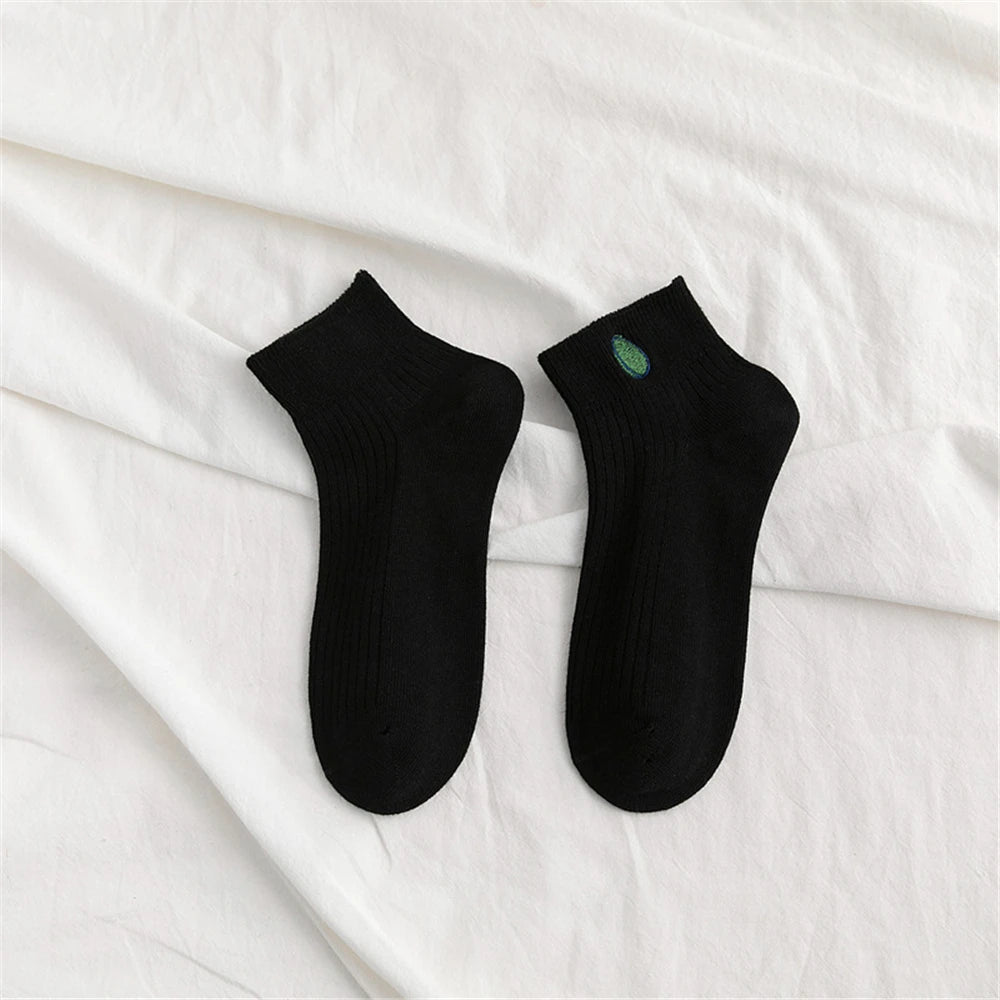Women Solid Avocado Embroidery Socks Casual Joker Cotton Short Socks for Ladies Concise College Style Breathable Sox Trendy