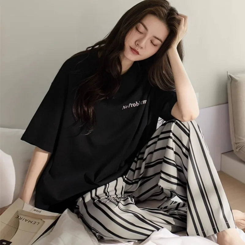 Women's Fall and Winter Pajamas Short-Sleeved Pants Suit Sleepwear Homewear Letters Strawberry Plaid Pants Nightwear Loungewear