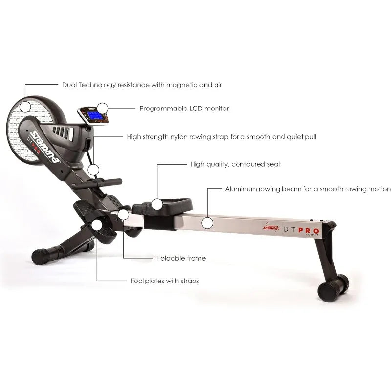 Stamina Pro Dual Air and Magnetic Resistance Rowing Machine Foldable Fitness Coaching App and Wireless Chest Strap Heart Monitor
