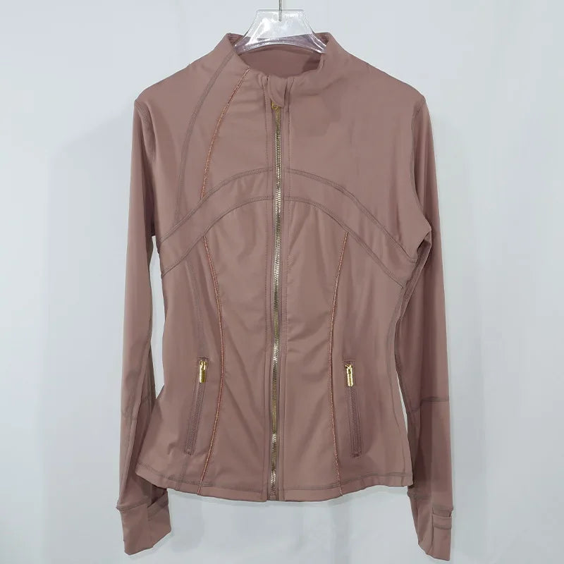 Women's Yoga Jacket with Golden Zipper | Slim Fit Stand Collar Cardigan | Anti-Slip Hem & Thumb Holes | Quick-Dry High Ela